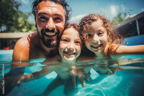 Underwater shot of father and daughters swimming in the pool and smiling, enjoying fatherhood, quality time between father and daughters at home pool