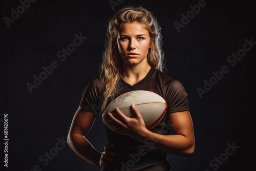 Beautiful athletic female rugby player holding the ball in her arms and looking focus on a black background, female ready for a game of rugby