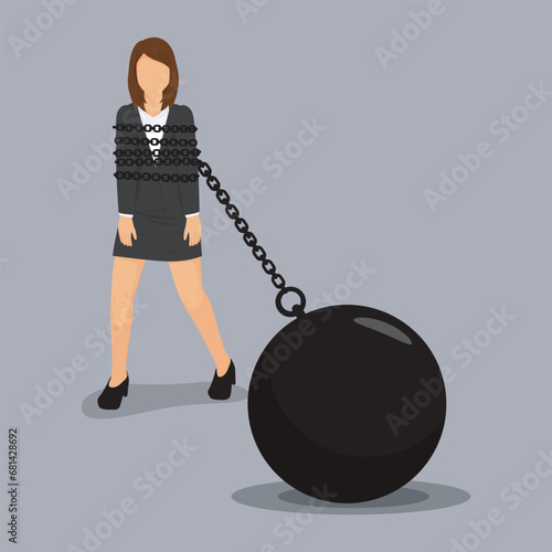 Businesswoman bound by a wide metal chain which locked to iron ball, Failure in business concept, illustration vector cartoon.  