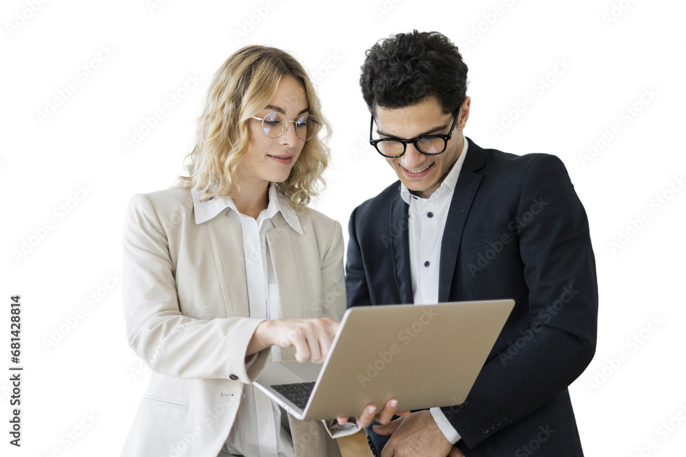 People colleagues a woman and a man use a laptop employees in the office in office clothes. Transparent background. People colleagues a woman and a man use a laptop employees in the office in office clothes. Transparent background.