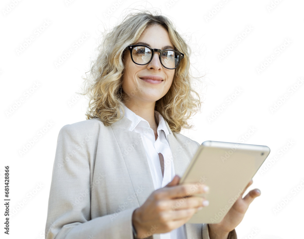 A business woman uses a tablet in her hands. The online project manager uses the Internet to work. A business woman uses a tablet in her hands. The online project manager uses the Internet to work.