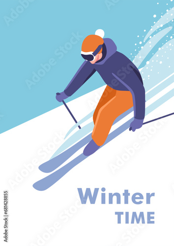 Winter time. Concept of vacation and travel. Active winter holidays, skiing downhill. Skier on the piste. Vector illustration for mobile and web graphics.