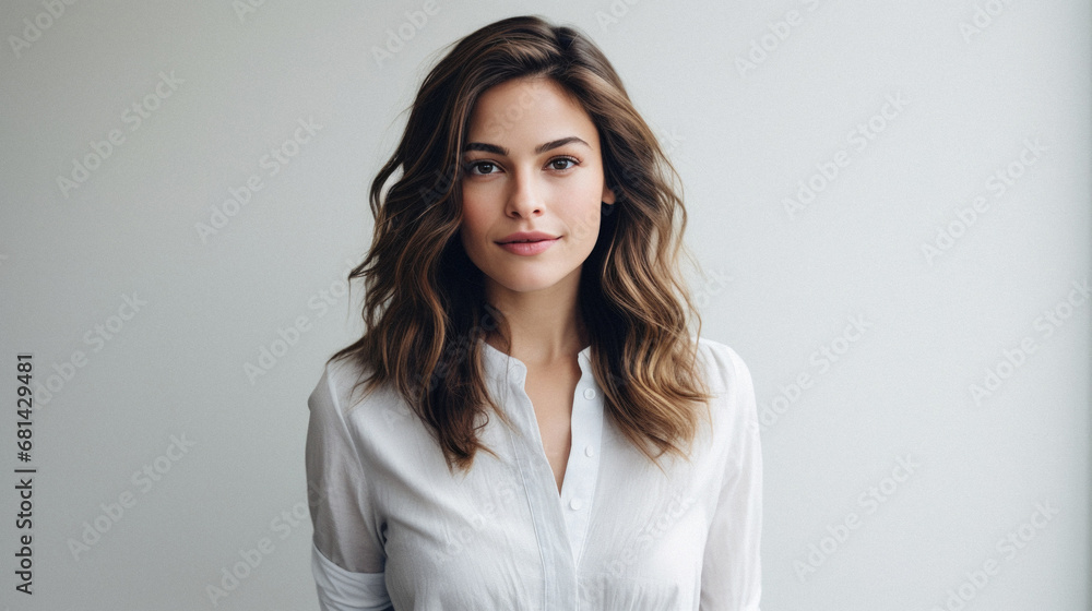 Portrait of beautiful young woman in white shirt looking at camera isolated on grey. Portrait of beautiful young woman in white shirt looking at camera isolated on grey.