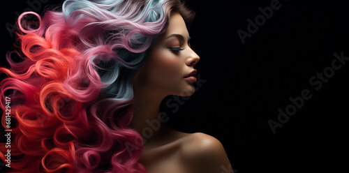Beautiful young woman with colored hair on a black background. Portrait in profile with copy space.