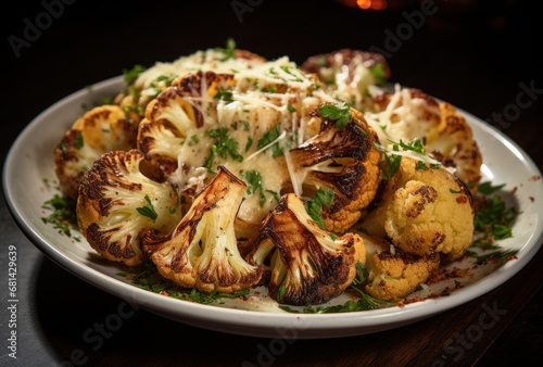 Cauliflower roasted with Parmesan cheese on plate photo