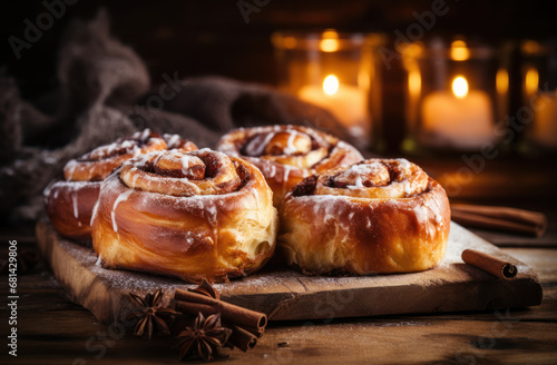 Sweet cinnamon buns on wooden board and candles on the background, free space for text