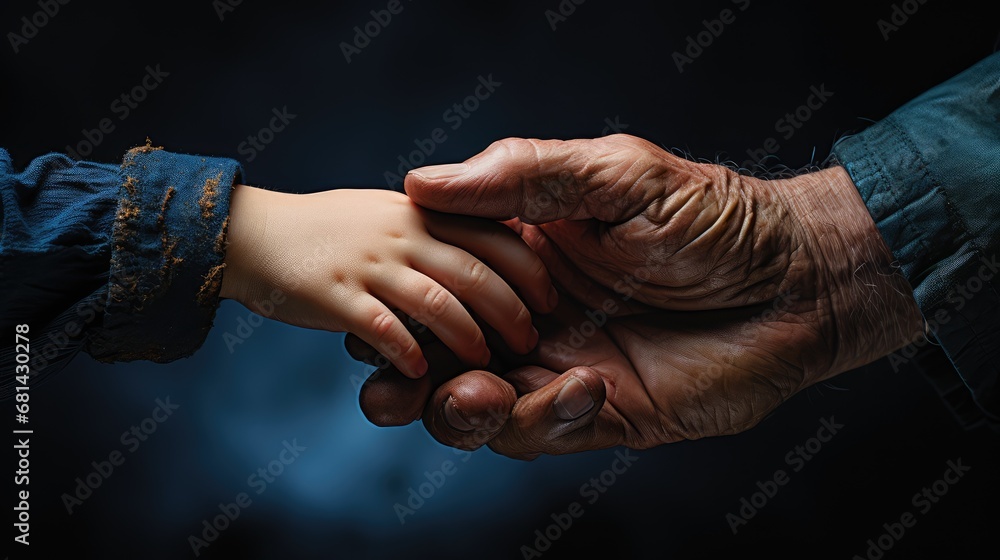 An old man holding a little child's hand