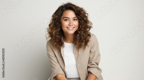 Portrait of smiling young girl with curly hair looking at camera.