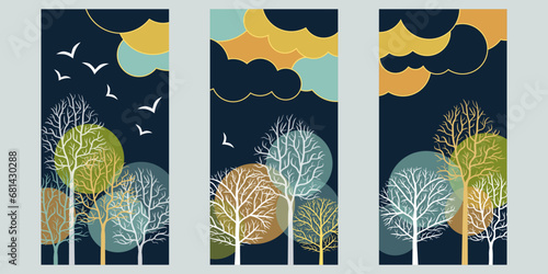 3 affiches artistiques, ou triptyque, sur le thème de la nature avec des arbres et des nuages aux couleurs de l’hiver.