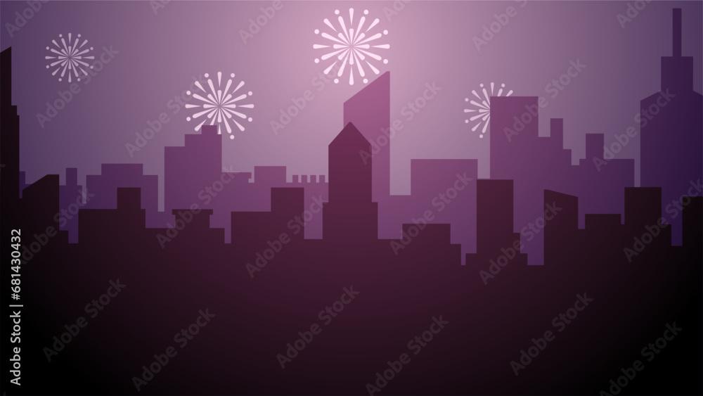 New year cityscape vector illustration. Scenery of city with sparkling fireworks in new year event. New year panorama at city for illustration, background or wallpaper