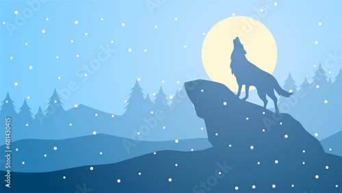 Wildlife forest landscape vector illustration. Scenery of wolf howling silhouette in the pine forest. Wolf wildlife panorama for illustration, background or wallpaper