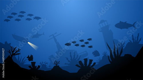 Seascape vector illustration. Scenery of sunken lighthouse and shipwreck at the bottom of the sea. Underwater panorama for illustration, background or wallpaper
