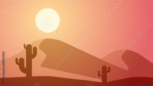 Desert landscape vector illustration. Scenery of heat and dry in sand desert with dune and bright sunlight. Subtropical desert panorama for illustration, background or wallpaper
