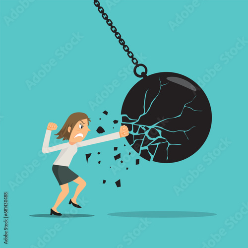 
Mad businesswoman punching and breaking a huge wrecking ball in small pieces, Failure in business concept, illustration vector cartoon.  
