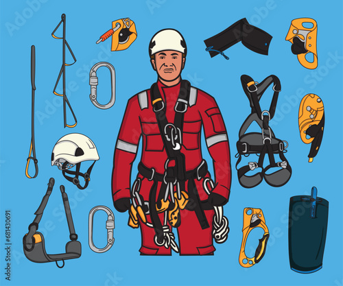 vector collection of rope access equipment (carabiner, full body harness, helmet, safety, descender, ascender, chest ascender, rope protection)
