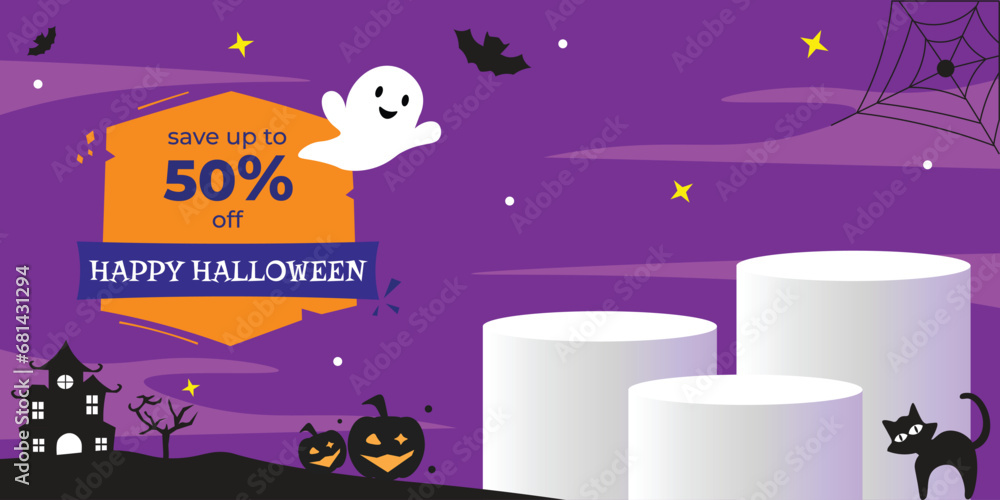 Halloween sale promo banner template with blank product podium