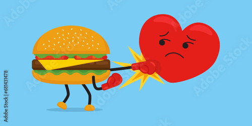 Huge cheeseburger red boxing glove punching red heart on face, Unhealthy food concept, illustration vector cartoon.  