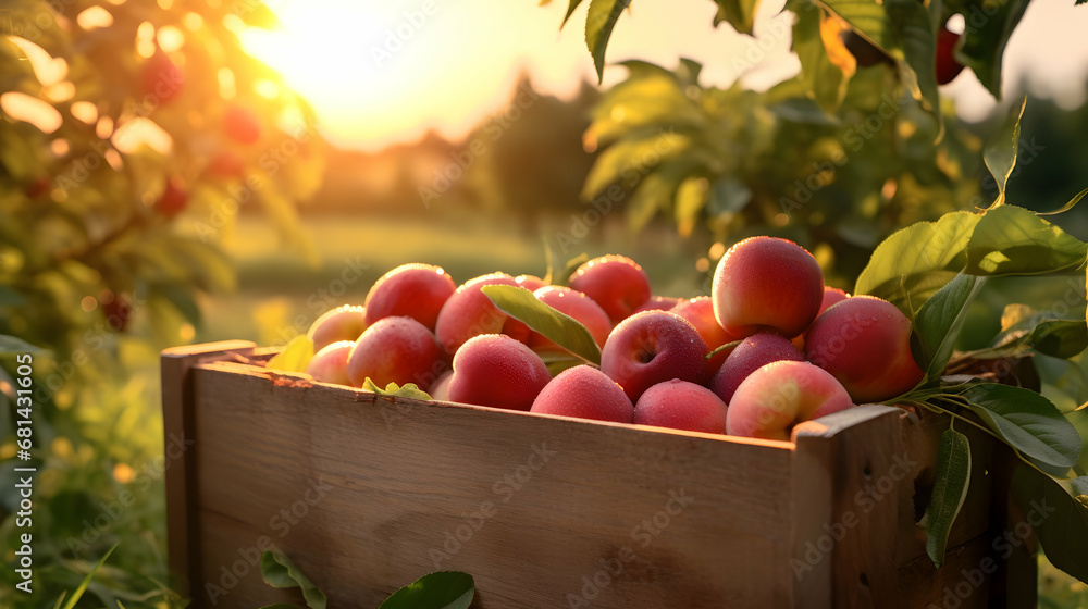 Nectarines harvested in a wooden box with orchard and sunset in the background. Natural organic fruit abundance. Agriculture, healthy and natural food concept. Horizontal composition. Nectarines harvested in a wooden box with orchard and sunset in the background. Natural organic fruit abundance. Agriculture, healthy and natural food concept. Horizontal composition.
