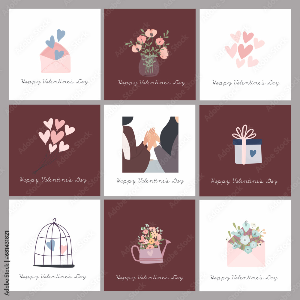 A set of postcards for Valentine's Day. Cute illustrations. Couple in love. Cute elements for holiday cards