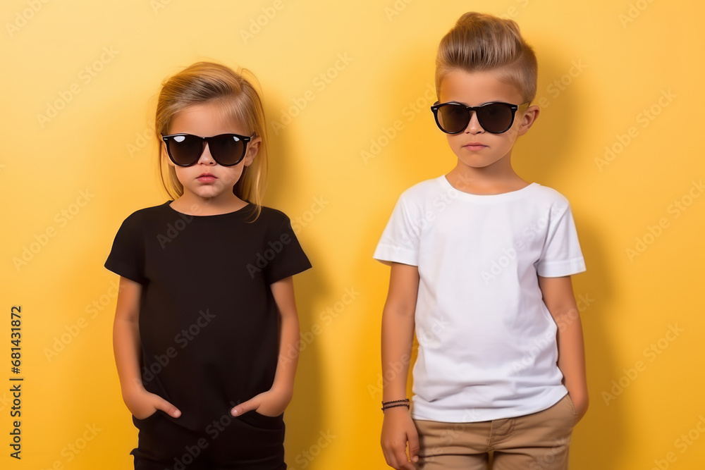Close friends, a boy and a girl, having fun imitating the style of top fashion models with their favorite T-shirts and sunglasses. A concept for children to enjoy play and weekend hobbies.
