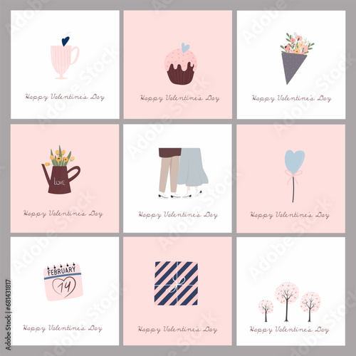 A set of postcards for Valentine's Day. Cute illustrations. Couple in love. Cute elements for holiday cards
