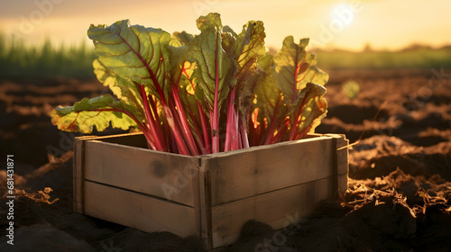 Rhubarb leafstalks harvested in a wooden box in a field with sunset. Natural organic vegetable abundance. Agriculture, healthy and natural food concept. Horizontal composition. photo