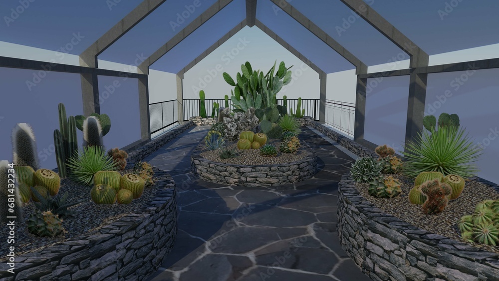 3D rendering illustration of a cactus greenhouse with rock planters and various types of cactus