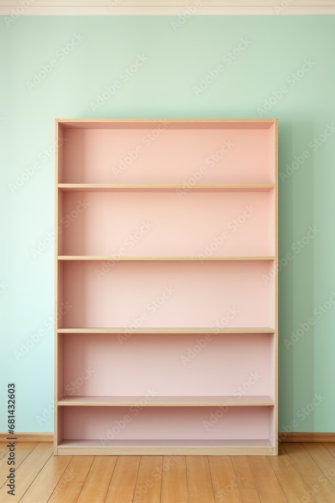 Empty bookshelf on a pastel-colored wall AI generated illustration Empty bookshelf on a pastel-colored wall AI generated illustration