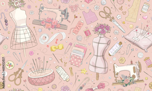 Seamless pattern with hand drawn sewing elements. Hand made wallpaper. Sewimg tools. Seamstress atelier tailoring background. Retro style. Vector illustration