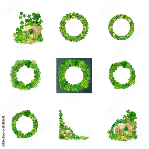 Watercolor wreath with gold coins and green shamrocks. Design of a bright illustration of jewelry for St. Patrick's Day, magic, treasures, wishes of good luck. Element isolated on white background