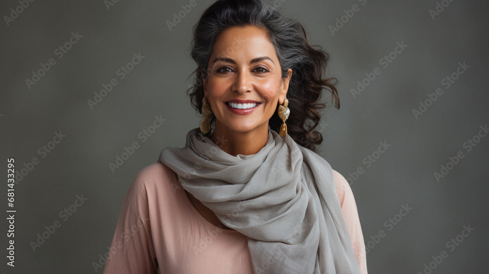 Portrait of a beautiful middle-aged indian woman in a beige scarf on a gray background. Portrait of a beautiful middle-aged indian woman in a beige scarf on a gray background.