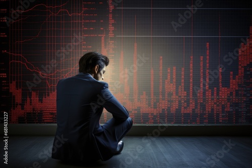 A man sits sad and worried about the stock price falling sharply.