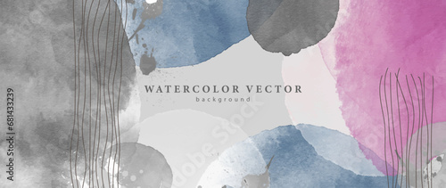 Grunge vector watercolor background with large watercolor blue, gray and pink splashes and brown lines.