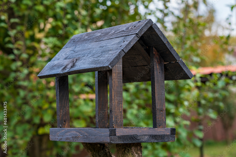 Wooden bird feeder in the form of a house on an autumn garden, closeup