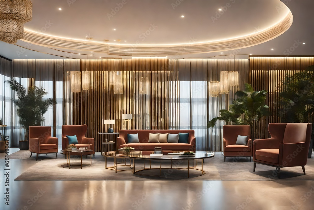 luxurious lobby in a modern hotel with a comfortable sofa and designer armchairs. 3d rendering