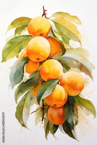 Painted in watercolors, the loquat graces the canvas with its subtle palette. Each brushstroke captures the tropical charm of this small, juicy fruit. photo