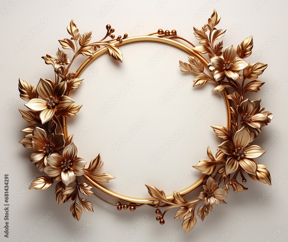 A gold wreath with flowers and leaves on a white background. White copy space background. A gold wreath with flowers and leaves on a white background. White copy space background.