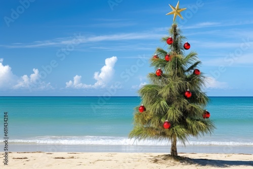 Christmas tree with lights on the beach. AI Generated © dark_blade