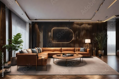 3d rendering luxury and modern living room with leather sofa and lamp and wood decor loft style © Hamza