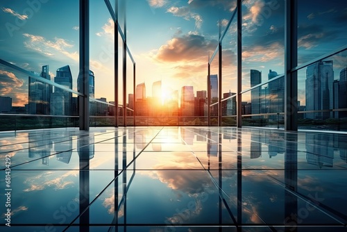Modern office building or business center Tall buildings' windows made of glass reflect clouds and sunlight. Empty streets outside the walls of modern civilization business growth by Generative AI photo