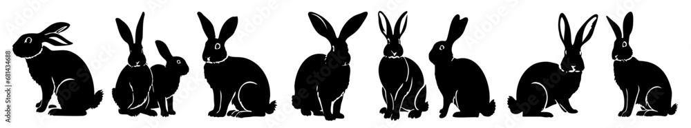 Easter bunny silhouettes isolated on white background. Rabbit and Hare collection vector illustration of animals