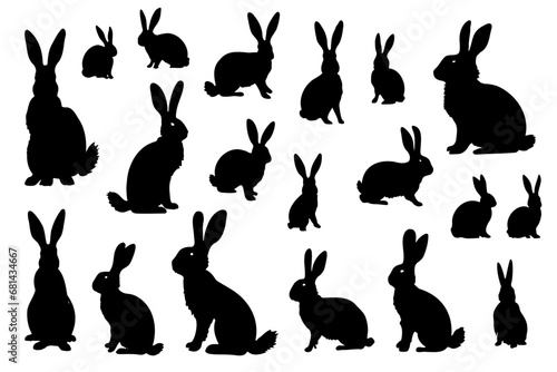 Easter bunny silhouettes isolated on white background. Rabbit and Hare collection vector illustration of animals photo