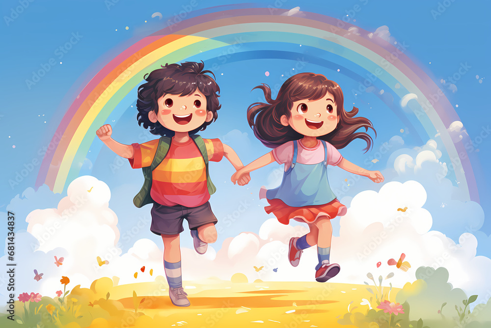 children playing happily on rainbow background