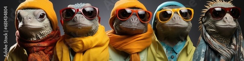 group of lizards dressed in fashionable clothes and modern outfits