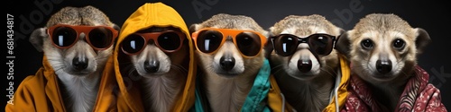 group of meerkats dressed in fashionable clothes and modern outfits photo