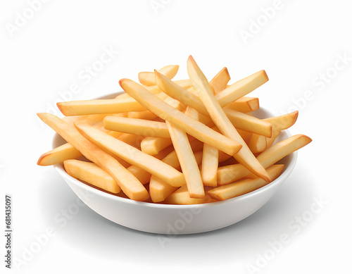 french fries, chips,  on a white plate, isolated on white background.
