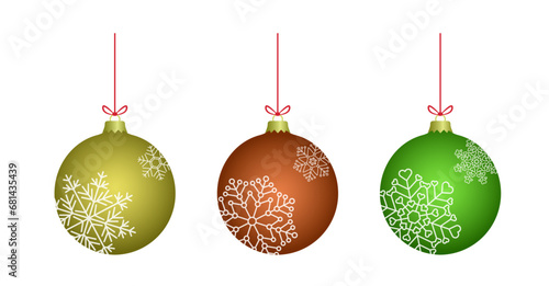 Gold, green, brown 3d vintage christmas baubles set with abstract snowflake decoration. Glass balls collection with ice flake to use for christmas card, xmas, winter holiday, new year projects. 