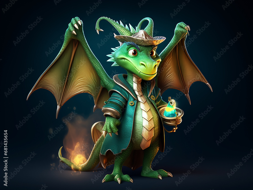 Fototapeta premium Green oriental fairy-tale dragon in a wizard costume