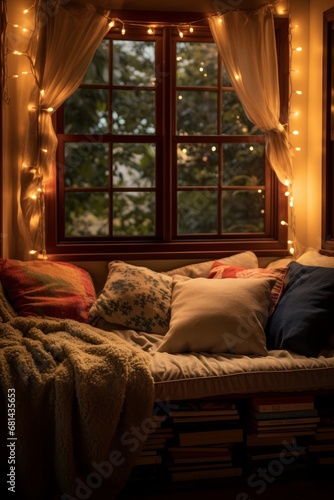 soft-lit reading nook filled with plush pillows AI generated illustration
