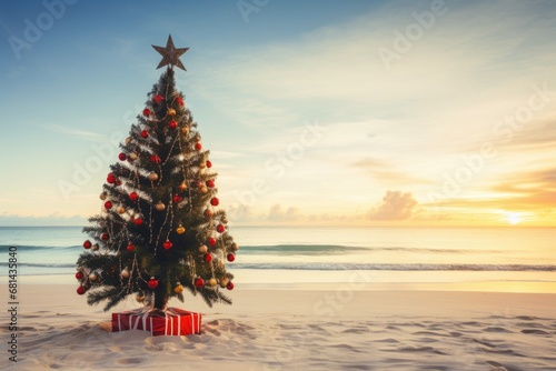 Christmas tree with lights on the beach. AI Generated